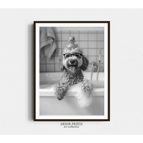 Kna Prints - 1 Pc Poster Goldendoodle Bath Wall Art, Dog And Rubber Duck Bath Tub, Black And White Print, Dog Owner Gift, Fny Dog , Bathroom Wall Decor , UNFRAMED-8x12