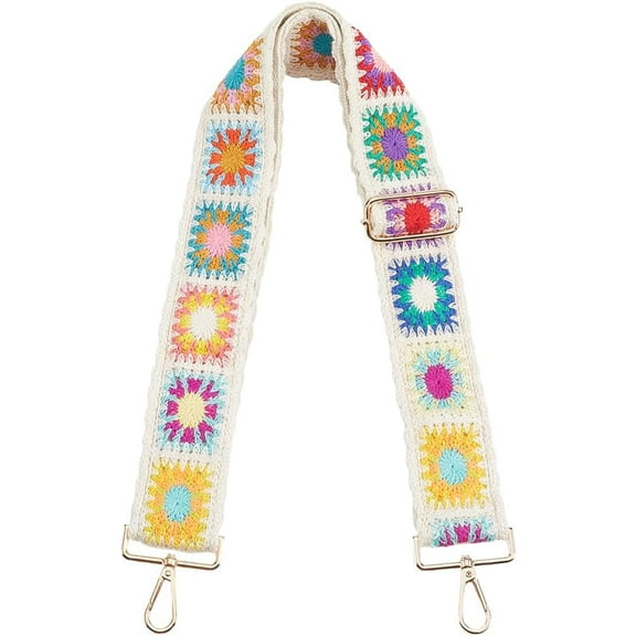 Ethnic Style Cloth Embroidery Colorful Flower Webbing Bag Straps with Golden Tone Alloy Findings Beige 790x52x16mm