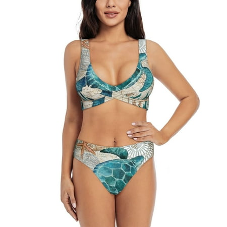Zeuib Watercolor Sea Turtle High Waisted Tummy Control Bikini Set - Knot Front Push Up Top & Cheeky Thong Bottom  Two-Piece Swimsuit for Women-X-Large