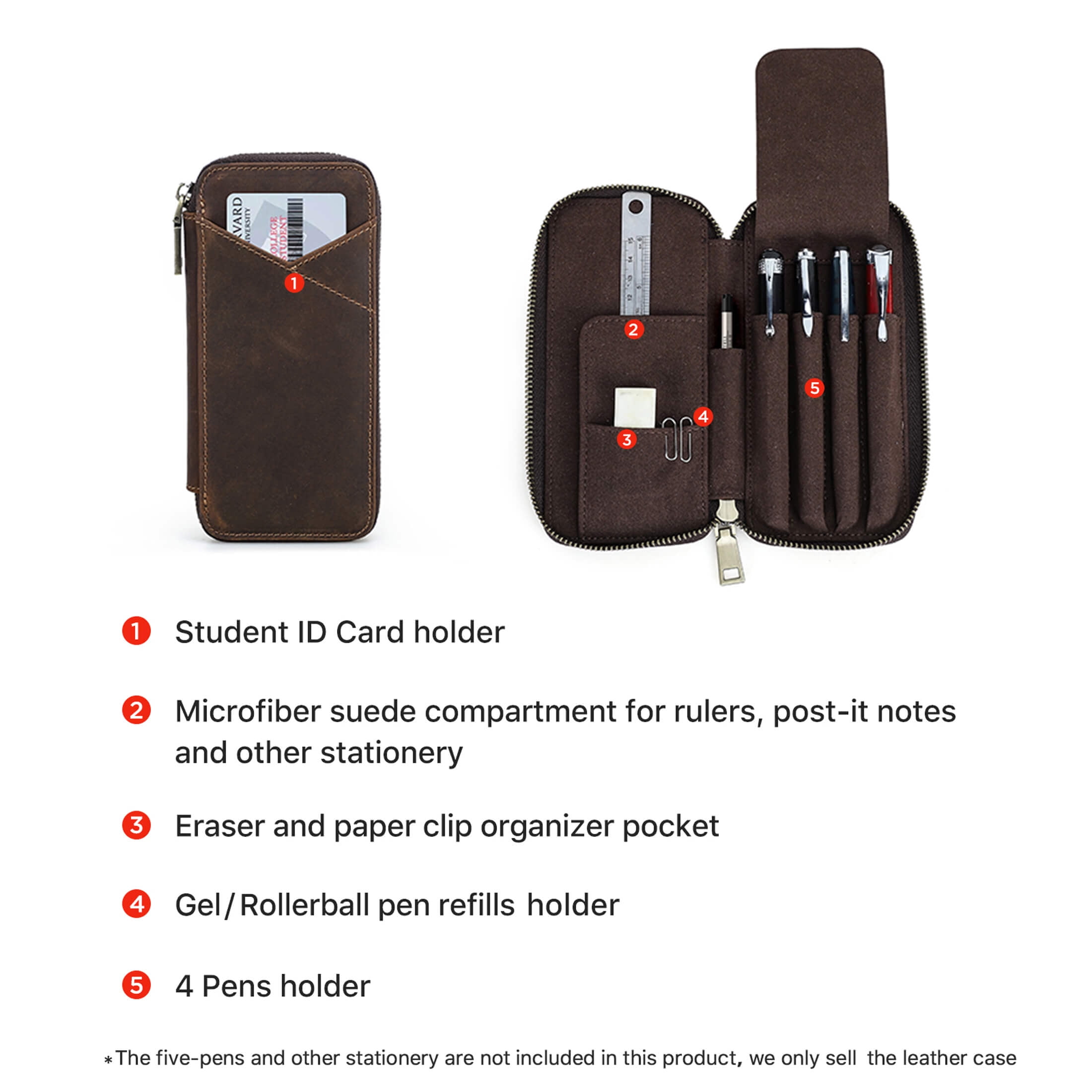 Hiram Genuine Leather Pencil Case with 4 Slots, Handmade Multifunctional Zipper Fountain Pen Bag, Student Stationery Pen Box (Coffee)