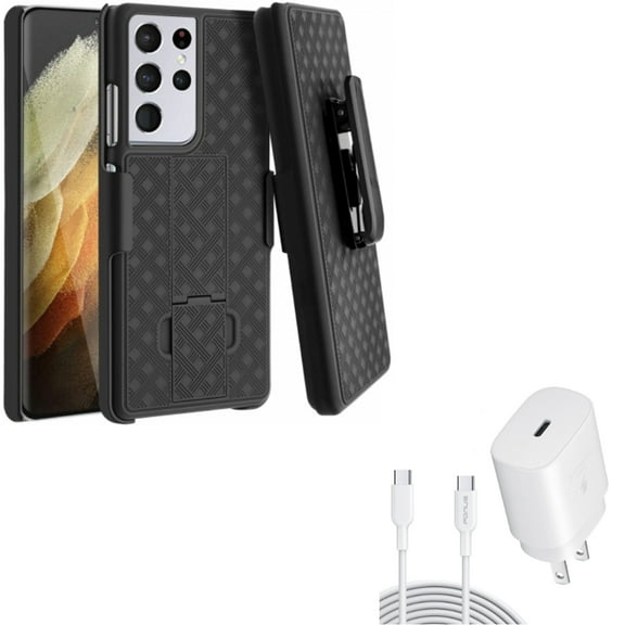 Swivel Holster Case Belt Clip with 6ft USB-C Cable PD Type-C 25W Fast Home Charger for Samsung Galaxy S21 Ultra