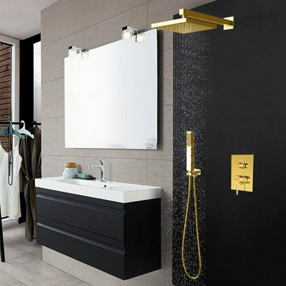 Juno Square Wall Mount Gold Shower Head Set with Handheld Shower