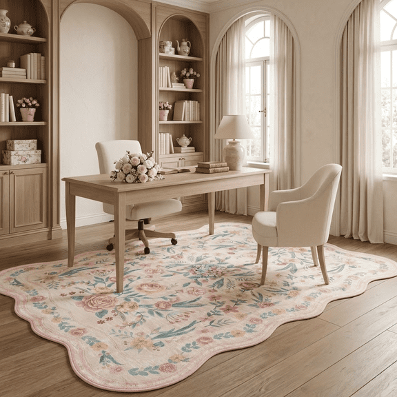VALOMENE Pink Floral Rug 4X6 for Girls Bedroom, Scalloped Washable Non-Slip Area Rug,Boho Carpet for Room, Dorm, or Playroom