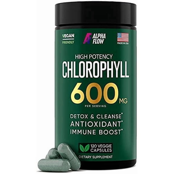 ALPHA FLOW 600 mg High Potency & Vegan Chlorophyll Capsules with Antioxidants for Immunity and Energy, 120 Capsules