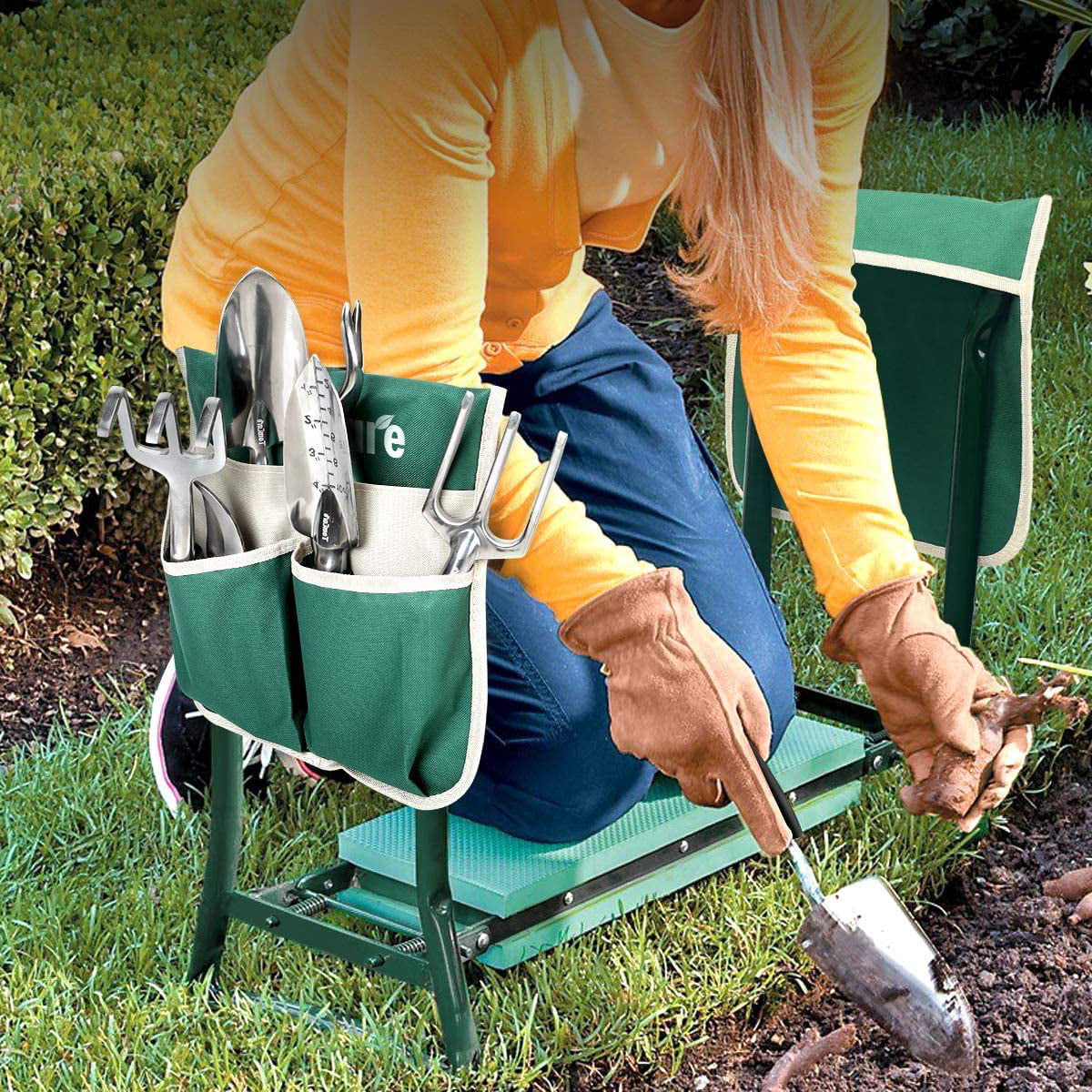 Folding Garden Stool Wooden Seat with Tote Gardening Tool Bag Plant Theatre 