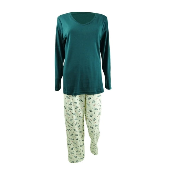 Charter Club Women's Lace-Trim Top & Printed Pajama Pants Set (M, Holiday Leaf)