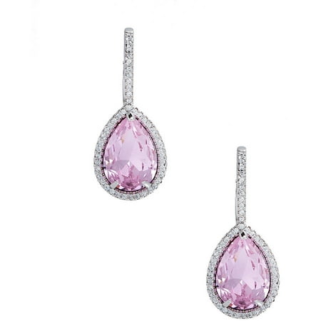 Pori Jewelers Pink CZ Crystal 18kt White Gold-Plated Sterling Silver Teardrop Earrings