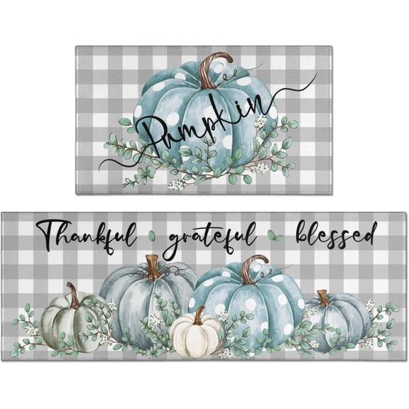 Fall Kitchen Rugs Set of 2,Fall Kitchen Rugs Fall Entrance Door Mat Blue Pumpkin Non Slip Kitchen Rug Anti Fatigue Mats for Kitchen Floor Waterproof Washable Rug Runner