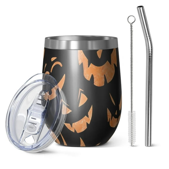 12oz Stemless Wine Tumblers Black Halloween Pumpkin Faces Vacuum Insulated Stainless Steel Travel Tumbler Cups Mug with Lid and Straw for Champaign,Cocktail,Beer with Cleaning Brush
