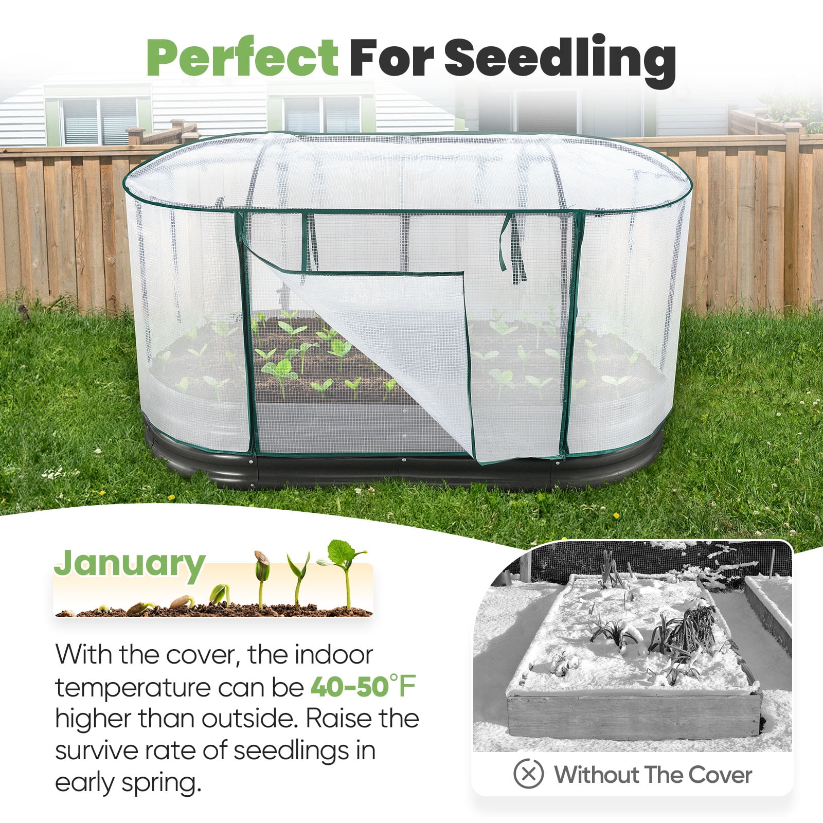 KING BIRD 6x3x1 ft Raised Garden Bed with Cover Galvanized Oval Planter Garden Box Outdoor for Gardening, Vegetables, Flowers , White