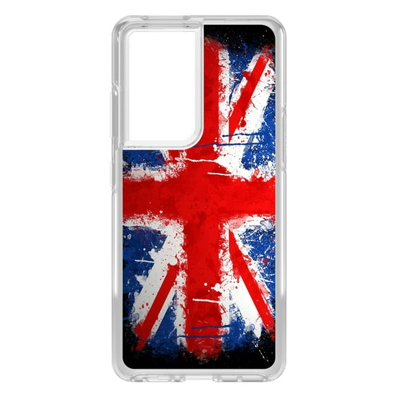 DistinctInk Clear Shockproof Hybrid Case for Galaxy S21 ULTRA 5G (6.8" Screen) - TPU Bumper, Acrylic Back, Tempered Glass Screen Protector - Red White Blue British Flag Graffiti - Love of the UK