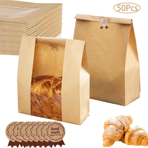 50Pcs Large Bread Bags for Homemade Bread, Sourdough Bread Bags with Clear Window, Kraft Bread Storage for Sourdough Sandwich Bread Bag Packing Storage with Sealing Stickers(13.7''x8.2''x3.5'')