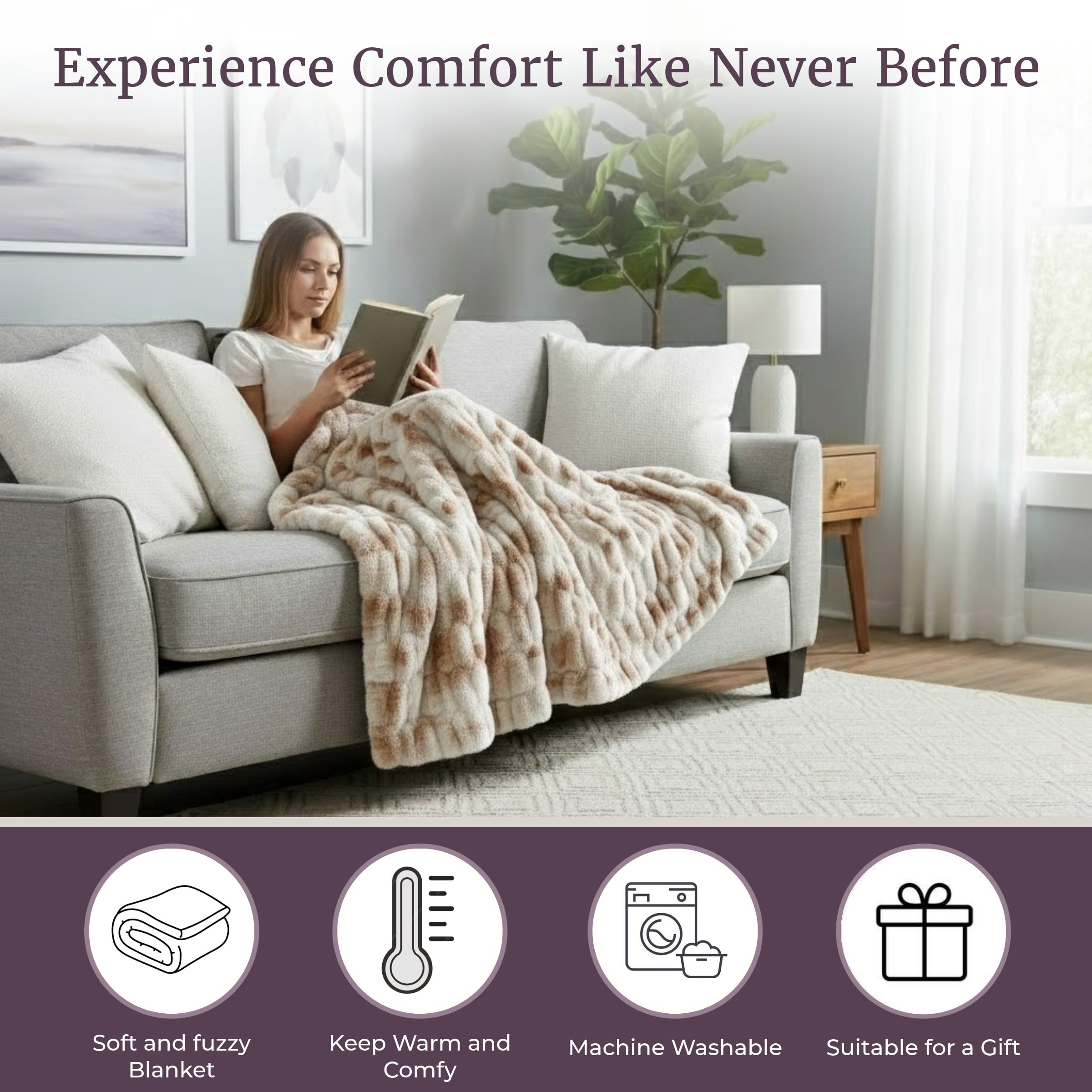 Lavish Home 60x80 Ruched Jacquard Faux Fur Blanket for Sofa and Bed, Cream