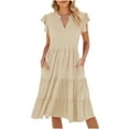 thumbnail image 1 of QIPOPIQ Robe Mini pour Femmes 2024 Été Col Rond à Cordon Volant Manches Courtes à Revers Poches Latérales Robe d'Été Liquidation, 1 of 5