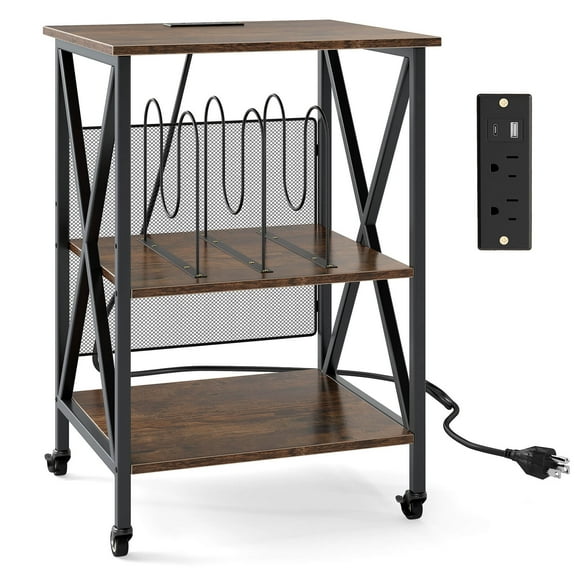 Costway 3-tier Record Player Stand with Metal Dividers Adjustable Shelf & Power Outlets