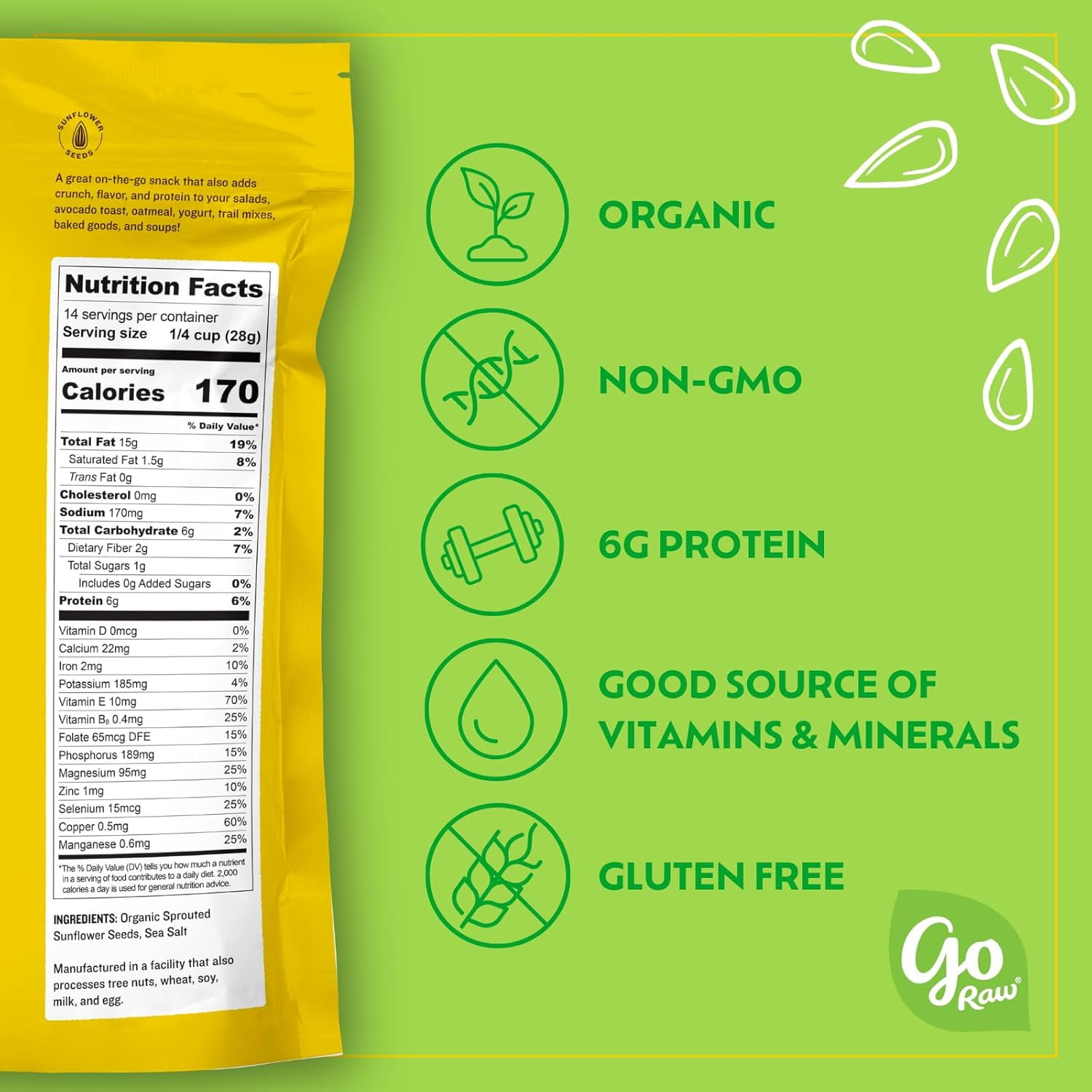 Pack of 6, Go Raw Sprouted Sunflower Seeds, 14 oz