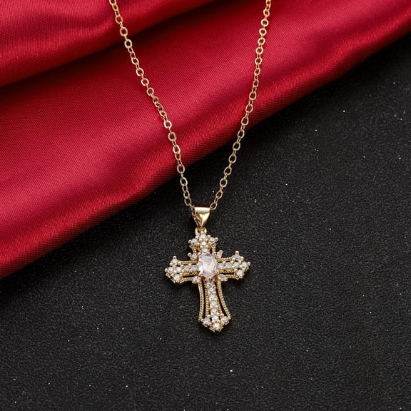 Gifts for women-Vintage White Gold Cross Pendant Necklace 17.7 Inch Chain 0.7x1.25 Inch Charm