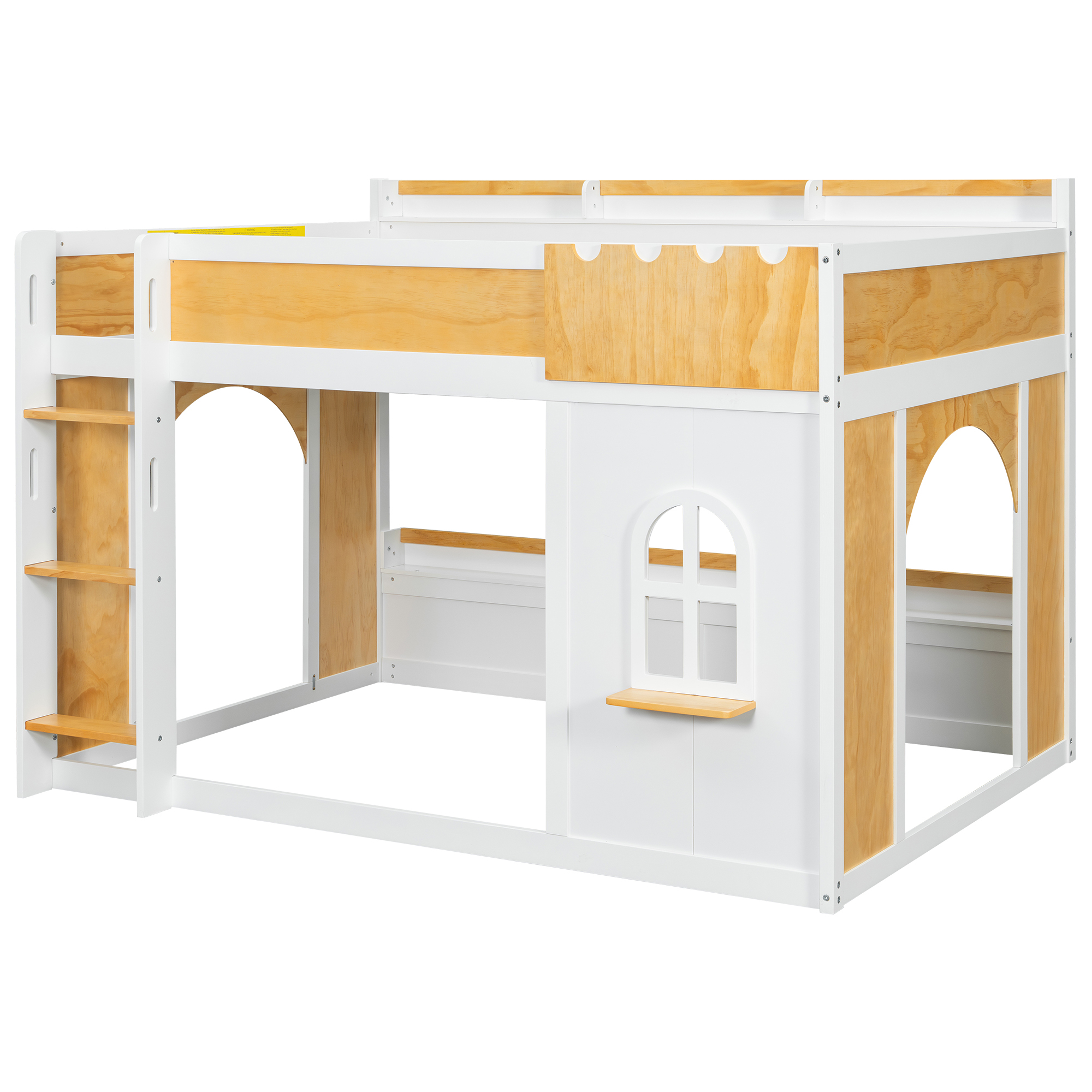 Euroco Wood Full over Full Bunk Bed with Storage Shelves, House Shaped Design Loft Bed, White & Natural