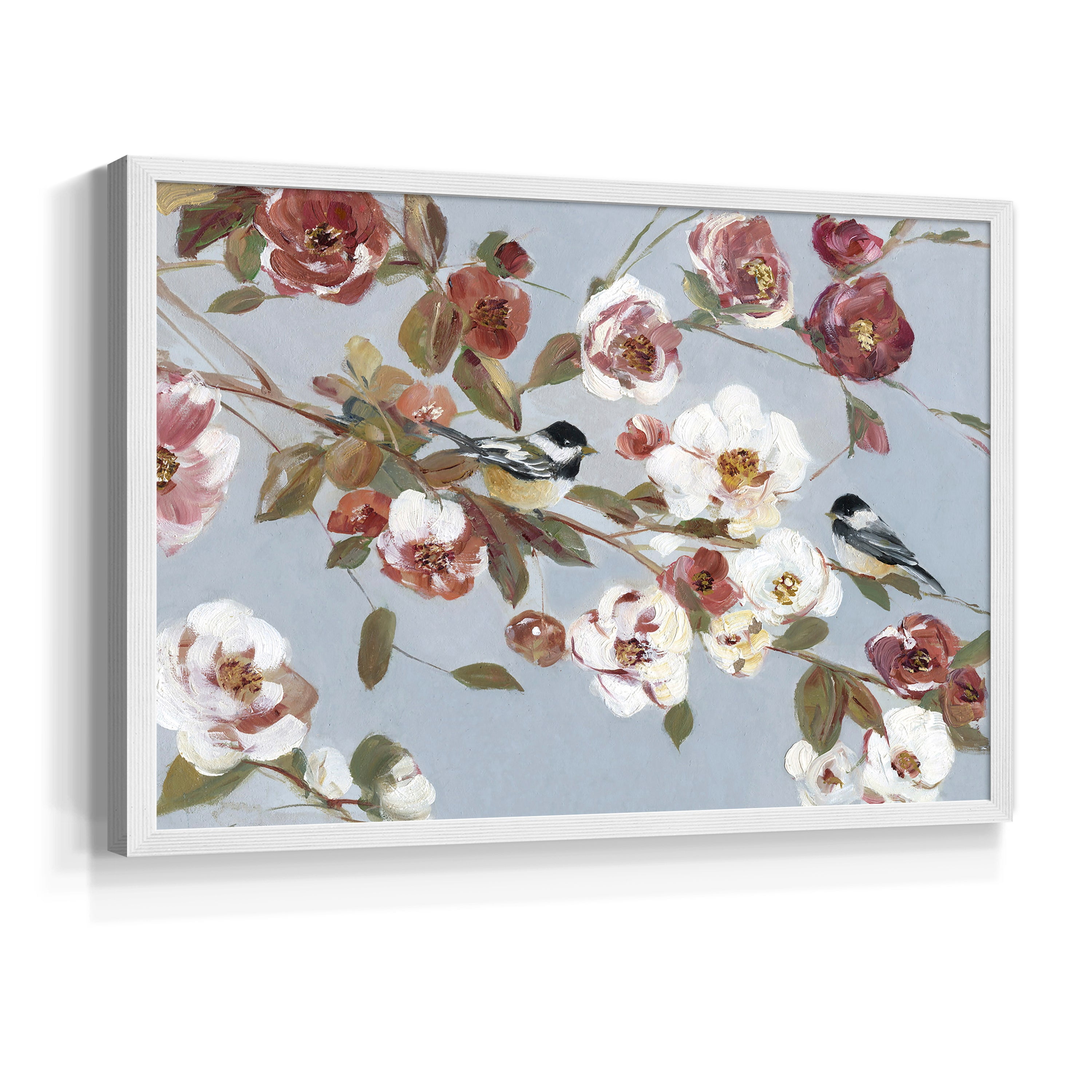 Chickadees and Blossoms II by Sally Swatland - Restickable Framed Giclée Print