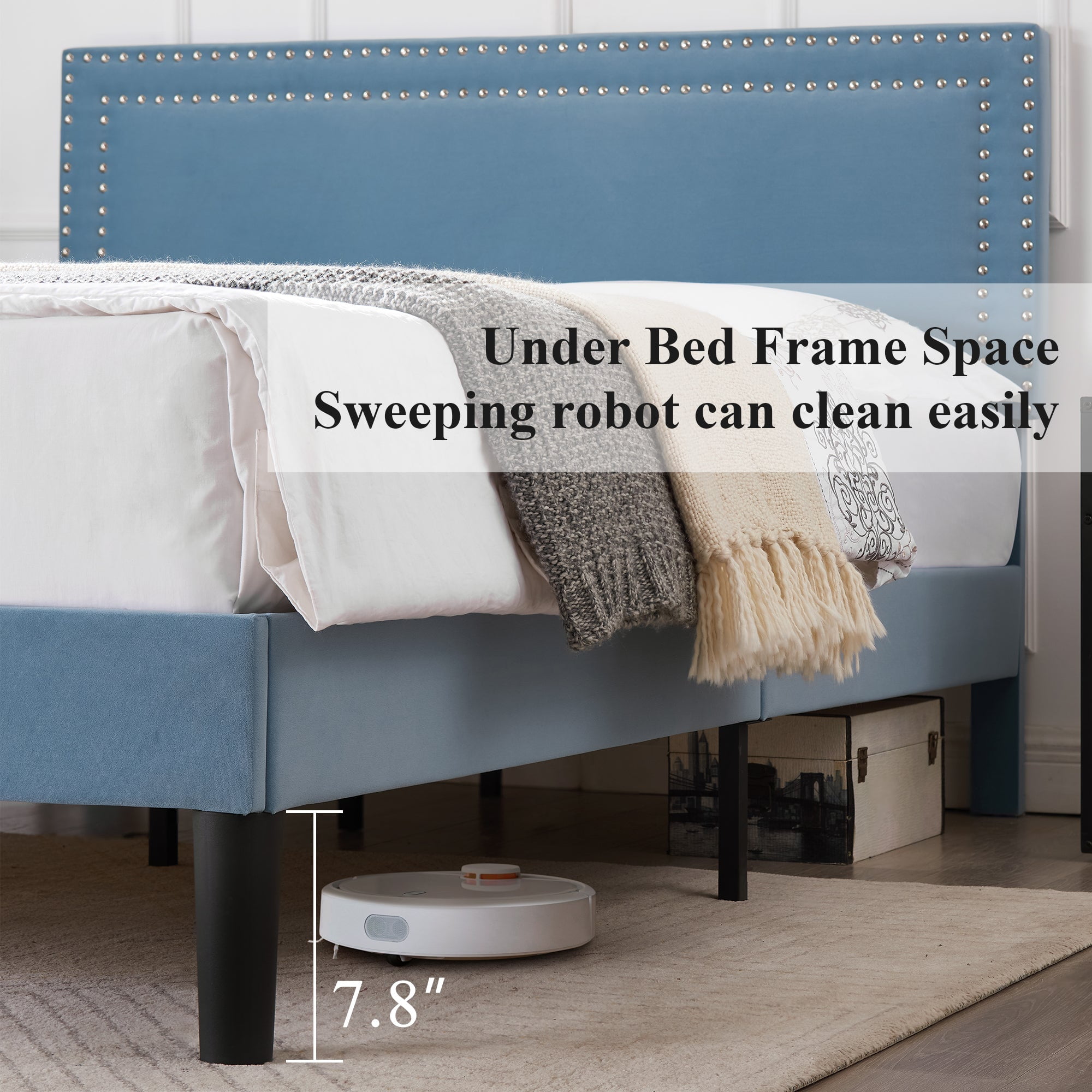 VECELO Queen Size Platform Bed Frame, Modern Upholstered Bed Frame with Adjustable Height & Nailhead Trim Headboard, No Box Spring Needed, Easy Assembly, Light Blue