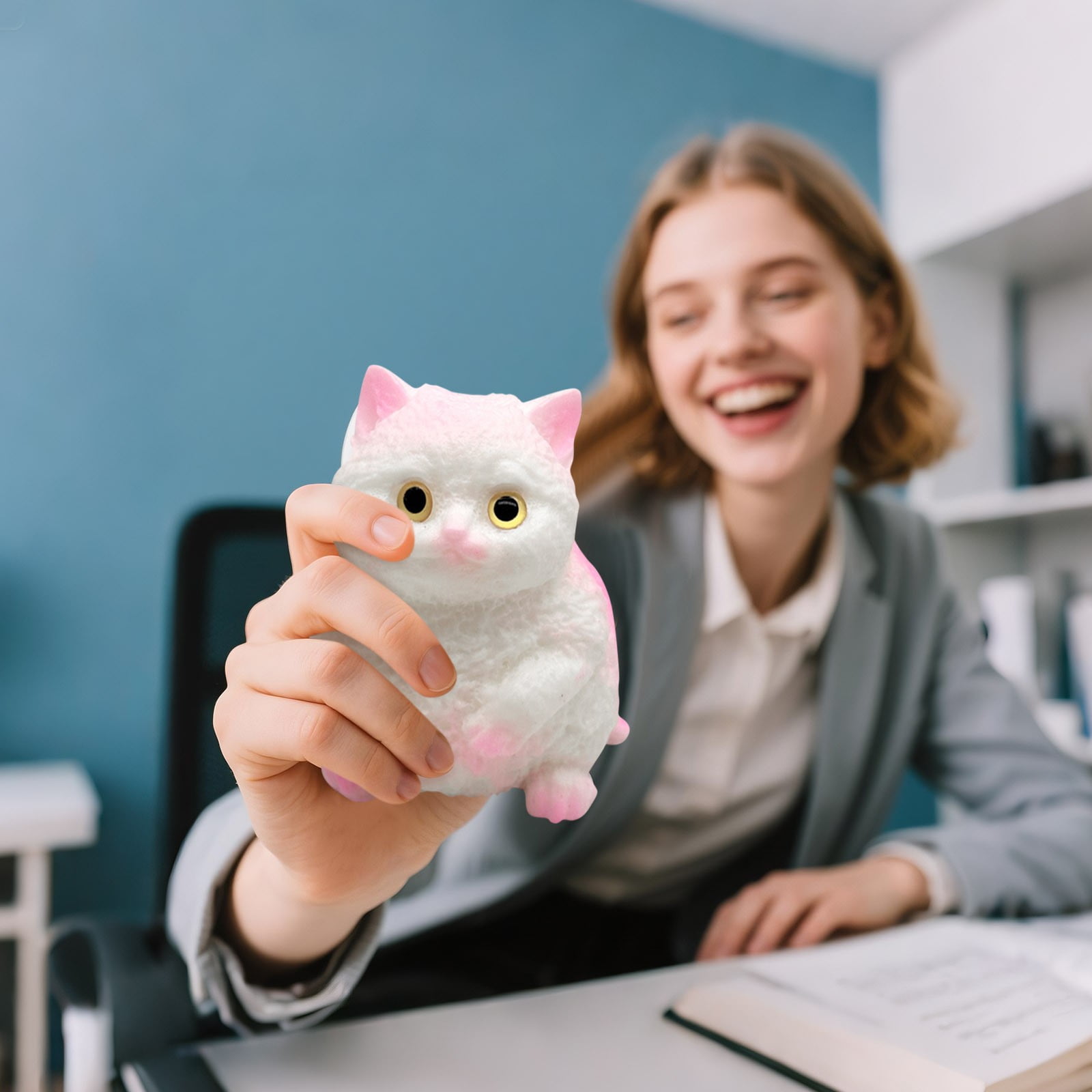 Squishy Dolls Fluffy Cat Stress Doll - Super Soft Slow Rising Trumpet Cat Squeeze Doll, Cute Pink White Plush Decompression Doll for Anxiety Relief
