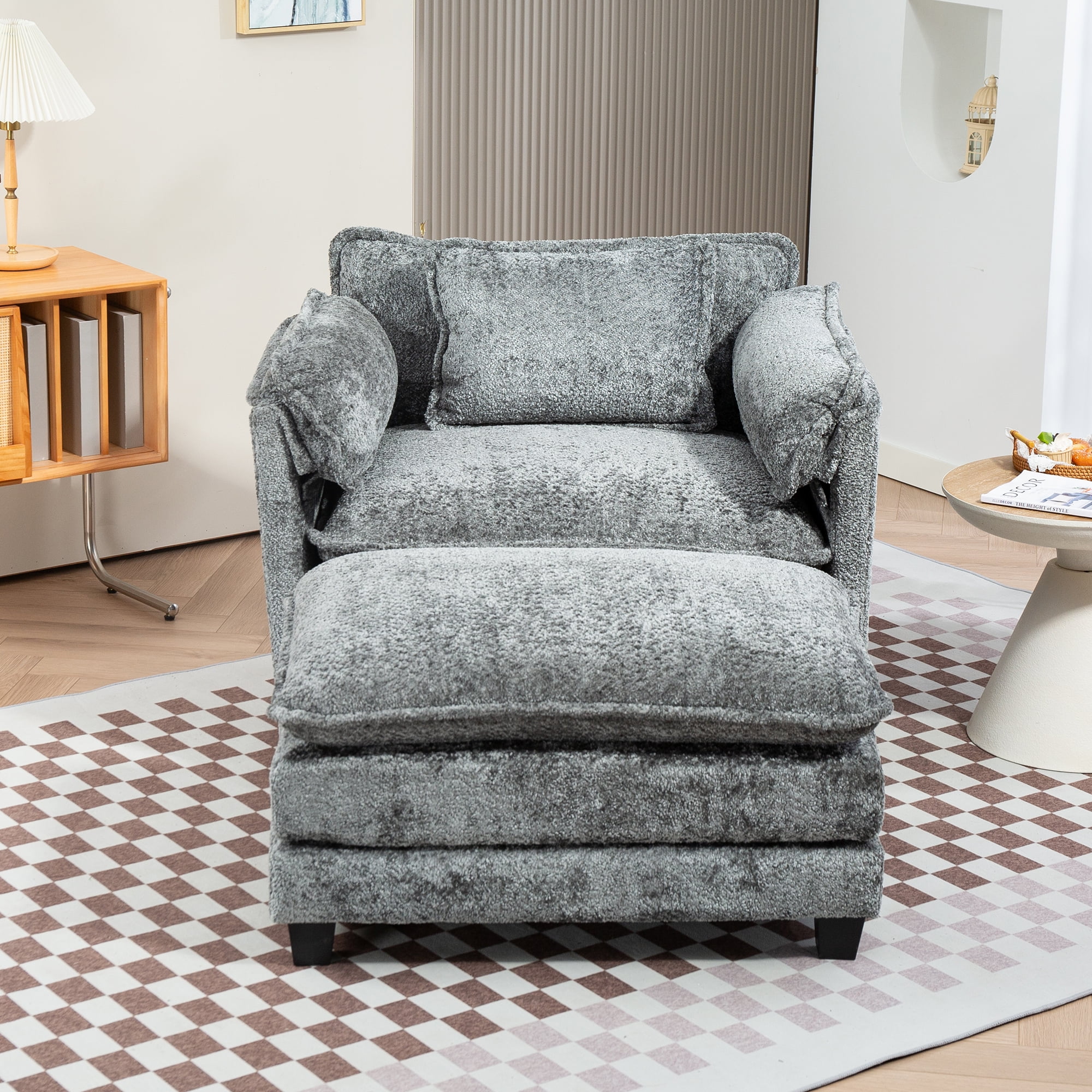Miniyam 55" x 39.76" Luxury Oversized Boucle Sofa Bed with Ottoman, Single Seater, Double Deep Cushion & Thick Armrests for Living Room, Bedroom, Dark Grey