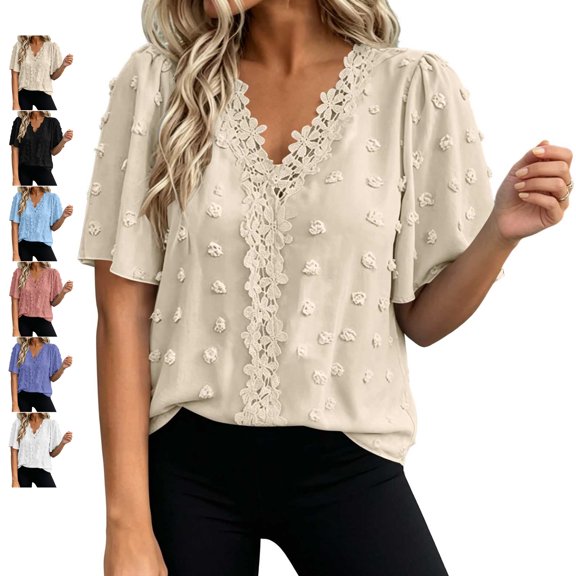 TGSLY Scalloped Lace Trim Tops for Women Lightweight Soft V Neck Solid Color Dot Pom Pom Shirts Dressy Casual Flare Ruffle Short Sleeve Blouses S
