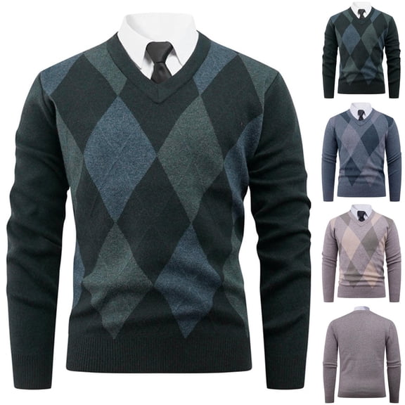 Yaoyar Men's Argyle Sweater Classic Vintage V Neck Knitted Sweater Pullover Fall Winter Long Sleeve Slim Fit Knitwear Shirts