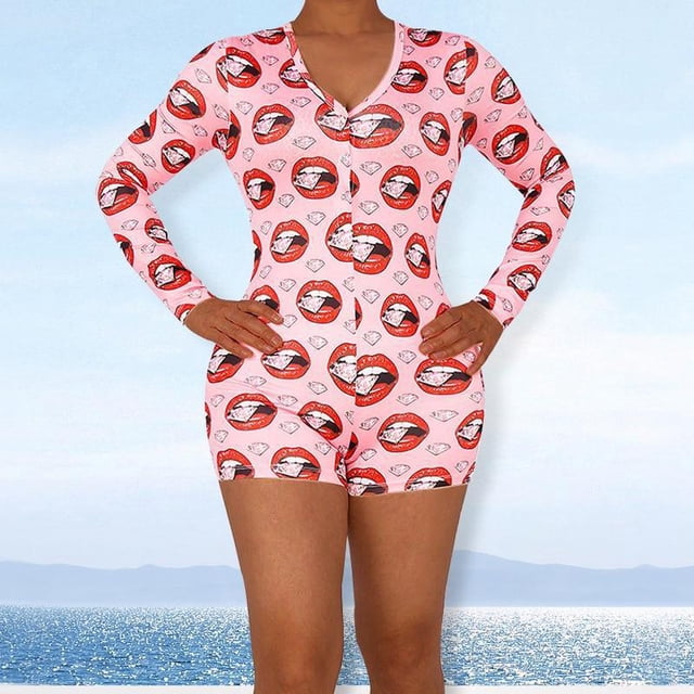Combinaisons de Pyjama pour Femmes Grande Taille Imprimé Crème Glacée Manches Longues Combinaison Pyjama Rose TG-5TG