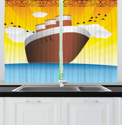 Vintage Boat Curtains 2 Panels Set Big Ship Pop Art Deco Style
