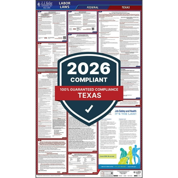 2025 Texas and Federal Labor Law Poster with Workers' Comp (English, TX State) - OSHA Compliant All-in-One Laminated Poster