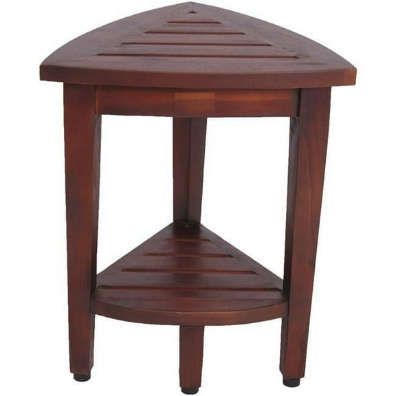 Compact Teak Corner Shower Outdoor Bench with Shelf, Dark Brown - 18 x 15 x 15 in.