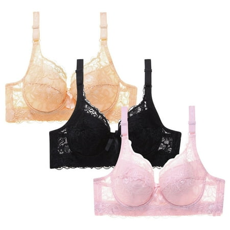 WREESH Womens 3 Pack Lace Bralette Soft Padded Push Up Bras Adjustable Strap Wireless Plunge Bra Comfortable Everyday Bra Underwear Beige