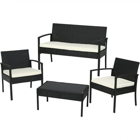 Balcony Above Porch Sunnydaze Castlebar 4-Piece Outdoor Patio Furniture Set with Black Rattan Loveseat, Chairs, Table, and Cushions - Balcony & Porch Conversation Seating ()