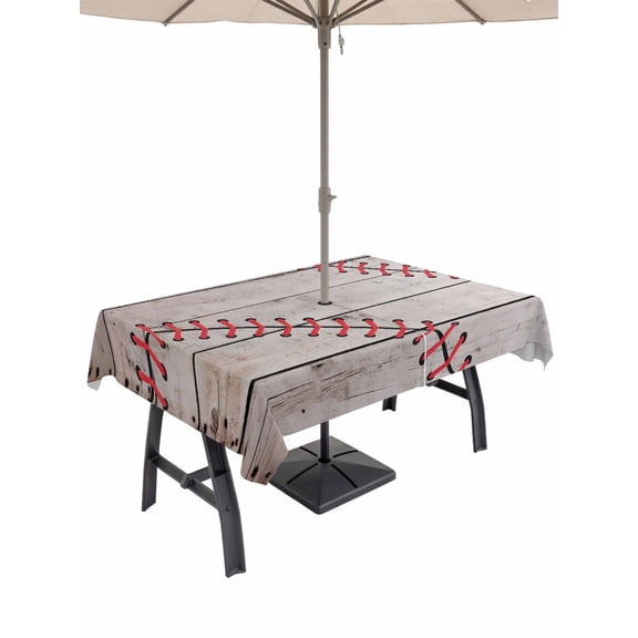52x70 Inch Outdoor Tablecloth with Umbrella Hole Zipper Rectangle Baseball Rectangular Tablecloths Outside Waterproof Vintage Wooden Shabby Art Patio Table Cloth Cover for Picnic Party