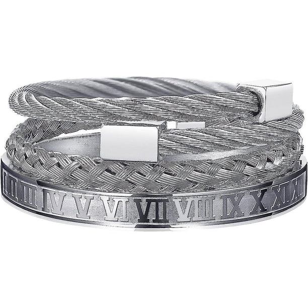 3 pulseras de acero inoxidable para hombre, brazalete con números romanos dorados, pulsera con cable trenzado, brazalete ajustable, pulsera de joyería de lujo para hombre