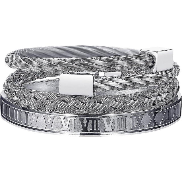 3 pulseras de acero inoxidable para hombre, brazalete con números romanos dorados, pulsera con cable trenzado, brazalete ajustable, pulsera de joyería de lujo para hombre