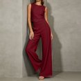 thumbnail image 5 of Womens 2 Piece Color Blocked Suits Sleeveless Crew Neck Tops Wide Leg High Waist Trousers Summer Comfy Fashion Set Wine L, 5 of 7