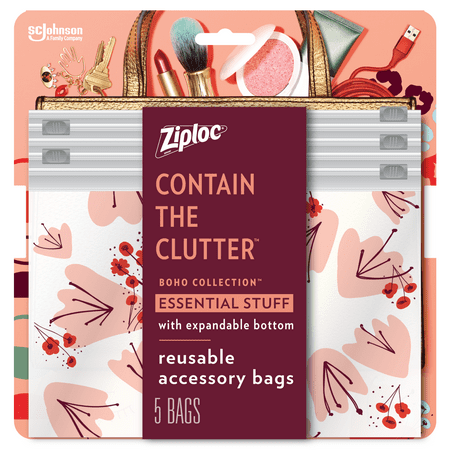 Ziploc Brand Boho Collection Essential Stuff Accessory Bags, 5 Bags