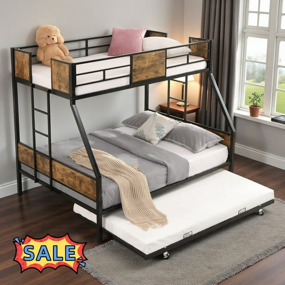 Tcbosik Twin over Full Size Metal Bunk Bed with Trundle, Heavy Duty Bed Frame with Side Ladders and Full-Length Guardrail for Adults, Space-Saving, Black