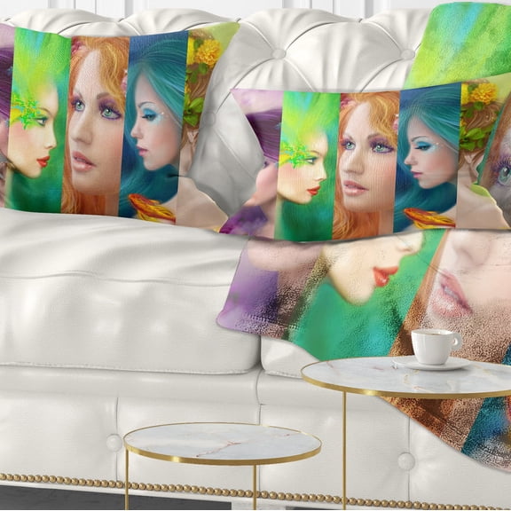 Designart Beautiful Women Face Collage - Abstract Portrait Throw Pillow - 12x20