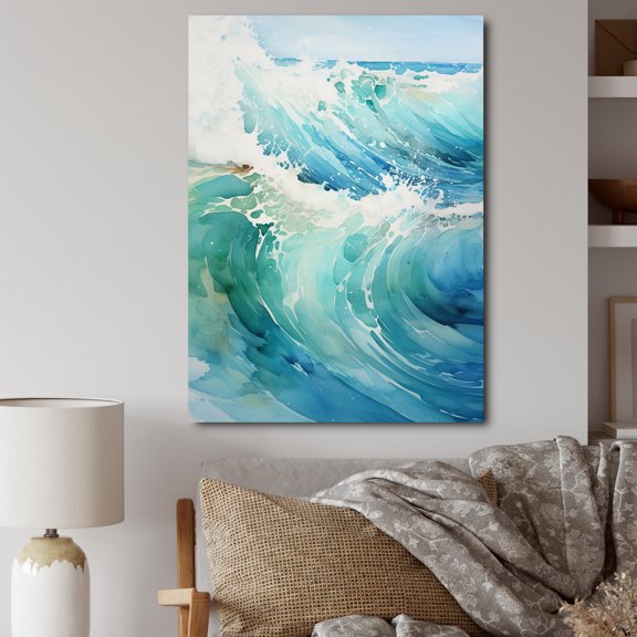 Designart "Turquoise White Ocean Marine Muted" Nautical & Beach Canvas Art Print