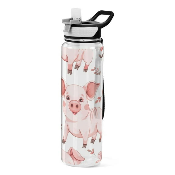Sports Water Bottle with Straws Cute Pig with Flower 32 Oz Tritan Clear Bottles BPA Free Leakproof Cup for Outdoor School Gym Fitness