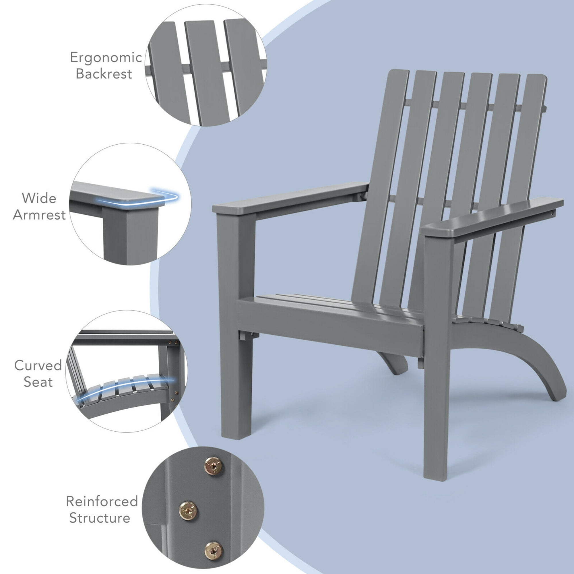 Gymax Set of 2 Outdoor Wooden Adirondack Chair Patio Lounge Chair w/ Armrest Grey