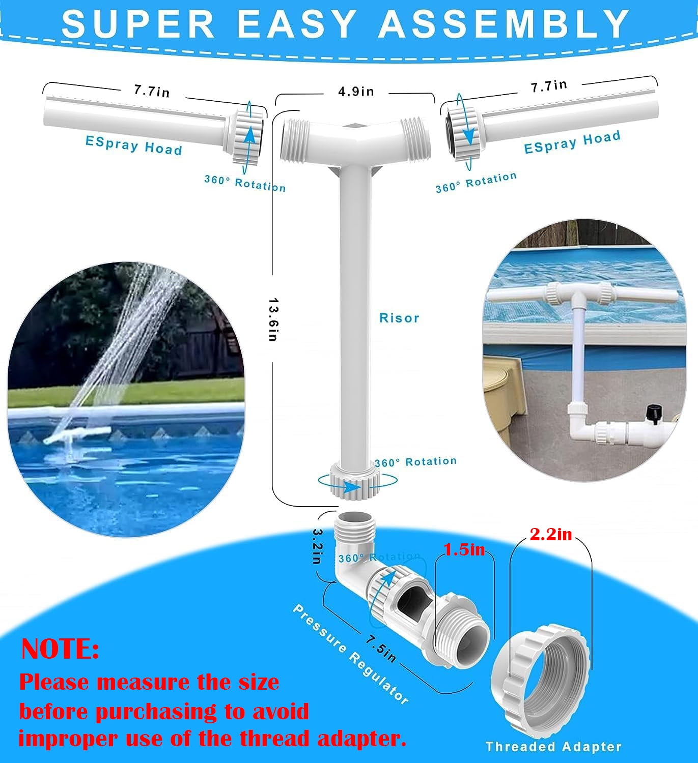 Pool Fountain, Luminous Double Spray Spa and Swimming Pool Waterfall Fountain for Above Ground/Inground Pools, Adjustable Nozzle Outdoor Garden Sprinkler Fountain Cooler