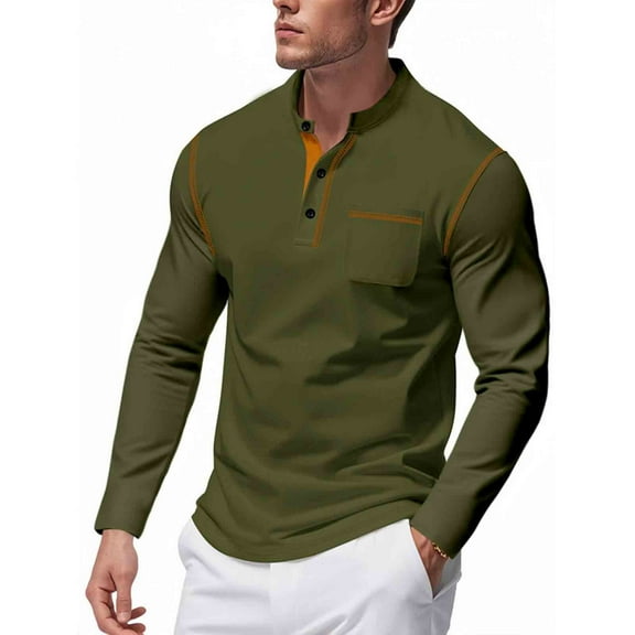 GuangCheng Mens Stand Collar Long Sleeve Henley Shirt with Chest Pocket,Slim Fit,Soft Breathable Comfortable Casual Tees,Army Green,Size L