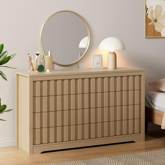 Huisuilinss Fluted Dresser For Bedroom,Modern 8 Drawer Dresser,Wood Chest Of Drawers With Handleless,Double Dresser TV Stand,Wide Drawer Organizer For Living Room Hallway