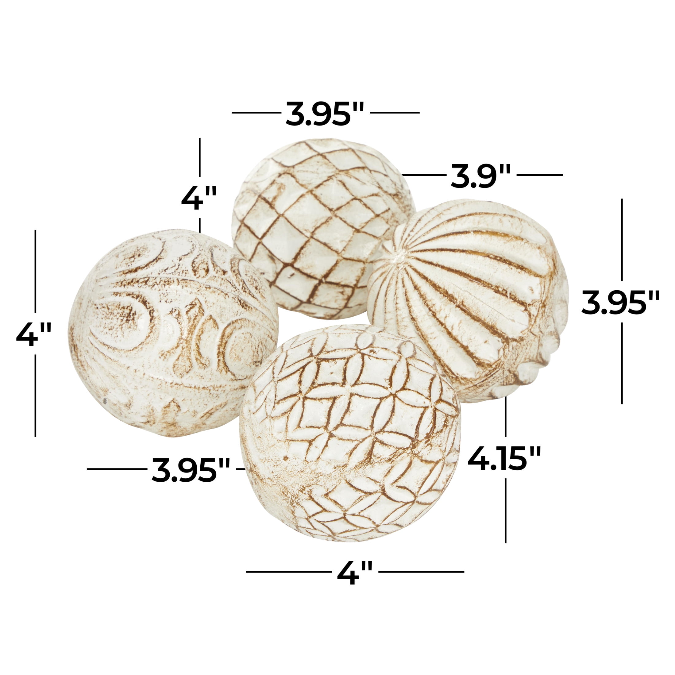 DecMode White 4" Handmade Carved Ceramic Orbs & Vase Filler with Varying Patterns (4 Count)