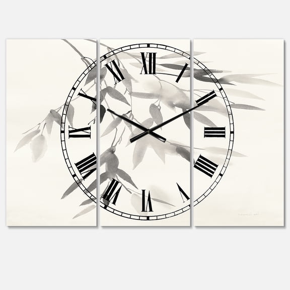 Simplist Bamboo Leaves IV' Cottage 3 Panels Oversized Metal Clock - 36 in. wide x 28 in. high - 3 panels