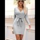 thumbnail image 4 of Vestido Ajustado de Larga para Mujer, Cuello en V, Punto , Aberturas Laterales y Cinturón. Gris M, 4 of 10